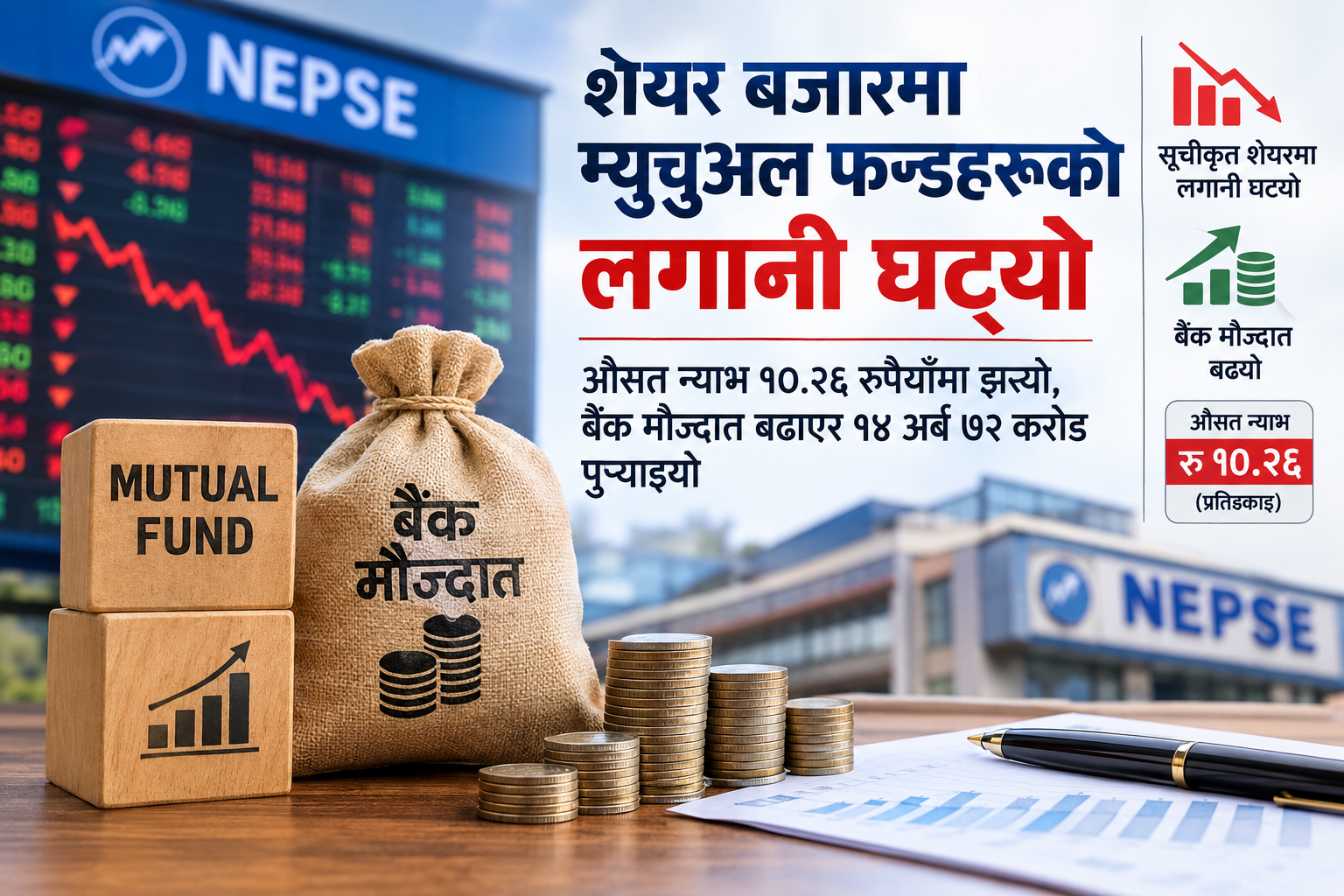 शेयर बजारमा म्युचुअल फन्डहरूको लगानी घट्यो : औसत न्याभ १०.२६ रुपैयाँमा झर्‍यो, बैंक मौज्दात बढाएर १४ अर्ब ७२ करोड पुर्‍याइयो